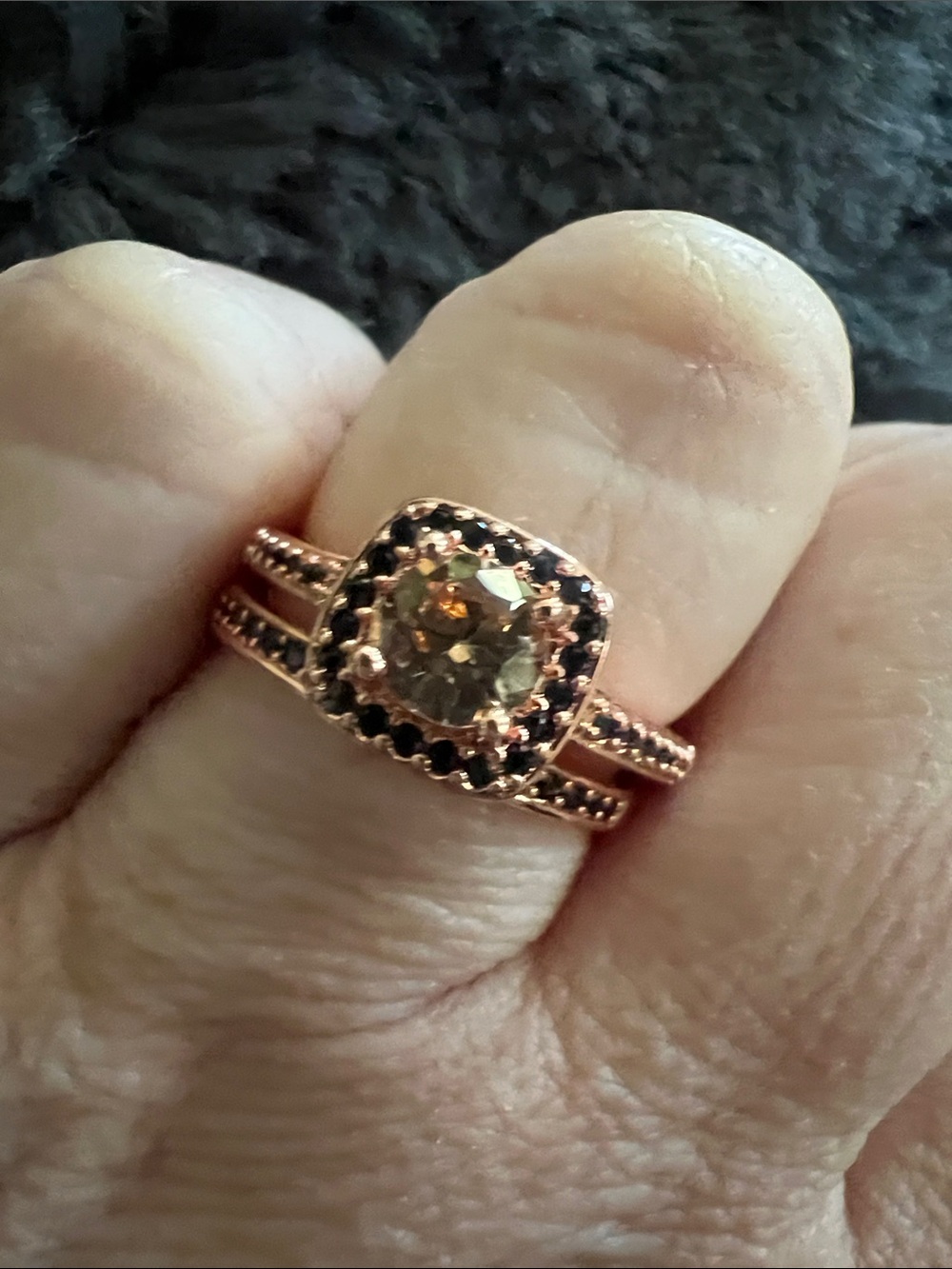 Swarovski Rose Gold Ring with Champagne Center and Black Accents